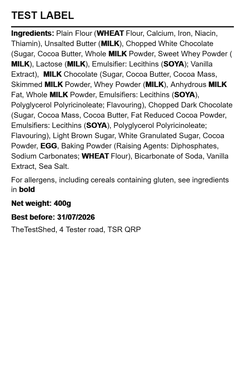 Example BakeSafe bakery label with ingredients and allergens in bold. Demo bakery TheTestShed.